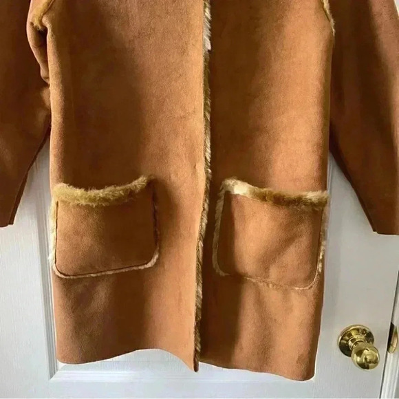 Floriane Coat Faux Suede Faux  Fur Winter Pea Coat Hood Tan Brown Girls Size 8 - Picture 6 of 16